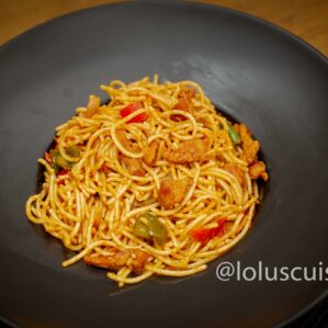 Meaty Jollof Spaghetti